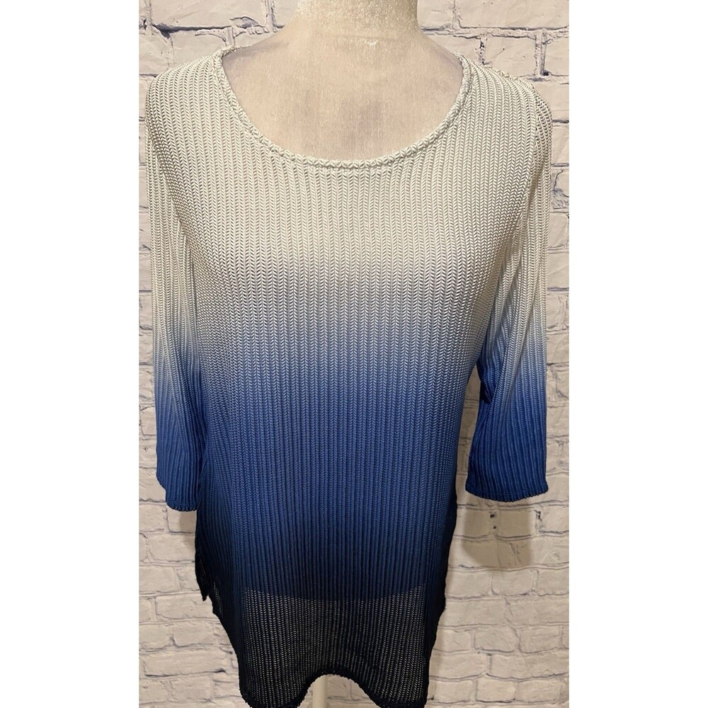 CHICO'S TRAVELERS Top Blue White Ombre Dip Dye Sheer Mesh Slinky Knit 2/L/12